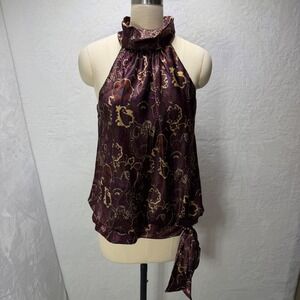 R&K Evening Womens Burgundy Gold Paisley Halter Neck Side Tie Blouse Medium